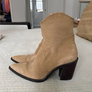 Zara Tan Suede Western Ankle Boots - Block Heel